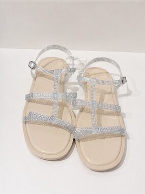 NWT  Zara Girls Silver Bow Strappy Gemstone Flat Sandals
